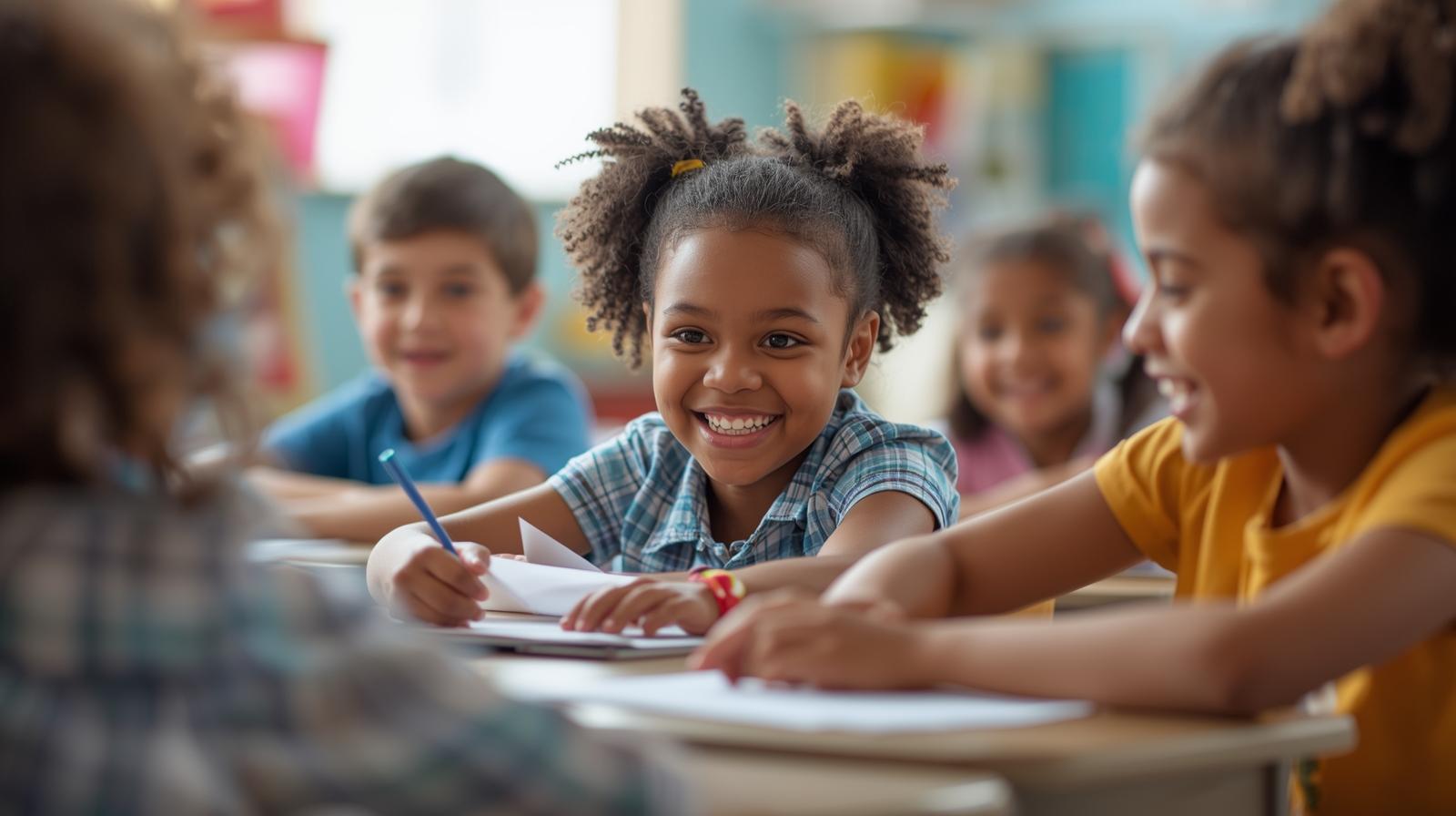 american elementary school classroom students smiling_students collaborating in classroom USA_elementary school classroom candid students smiling